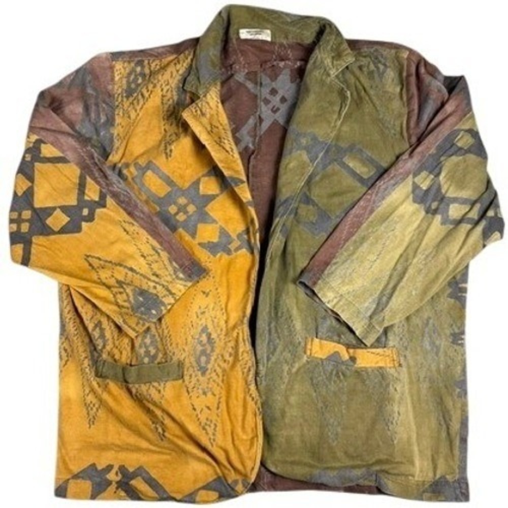 We Be Bop Blazer Womens XL Batik Colorblock Cotton Open Front Jacket Earthy Boho